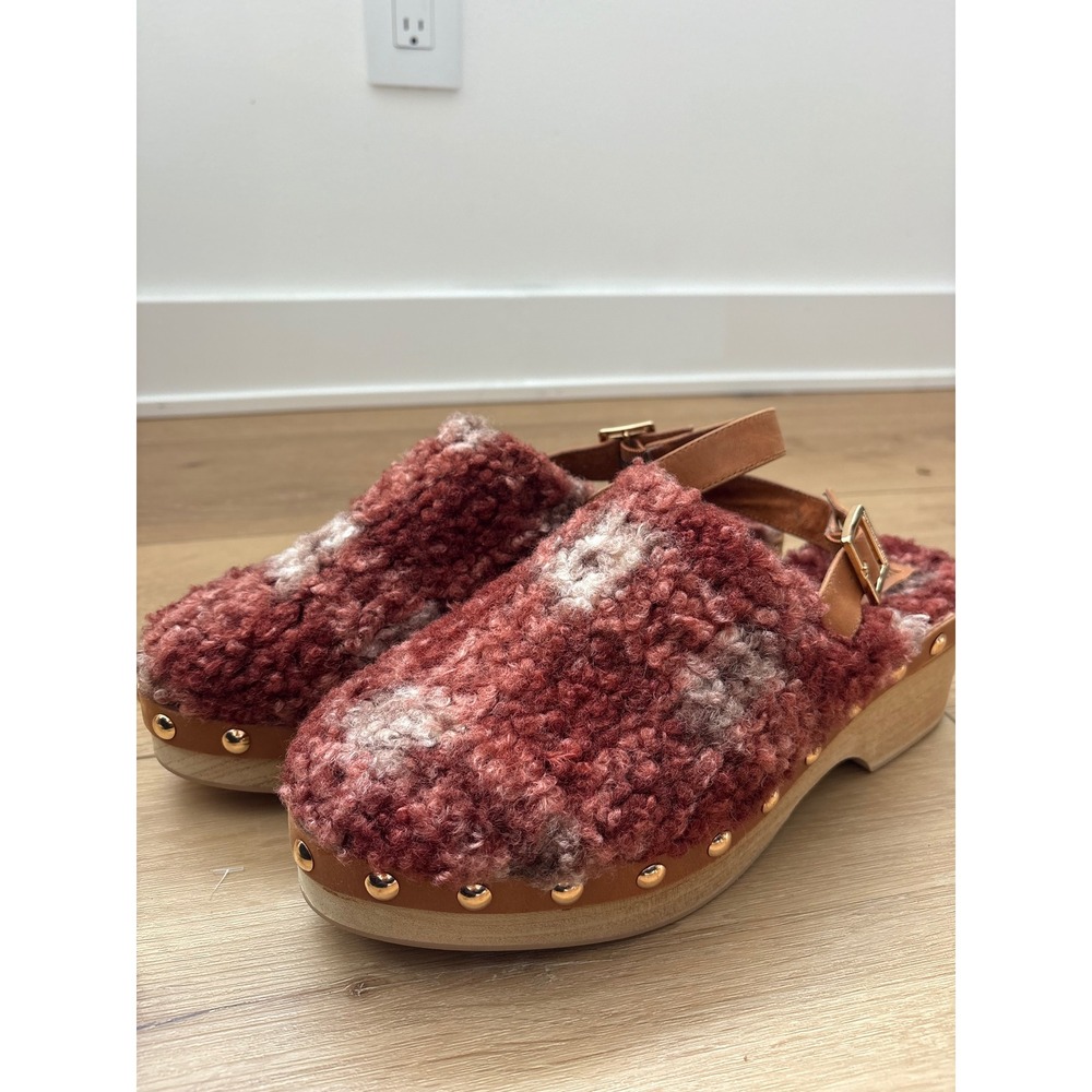 Faux Shearling Clog Mules in Rust Multi